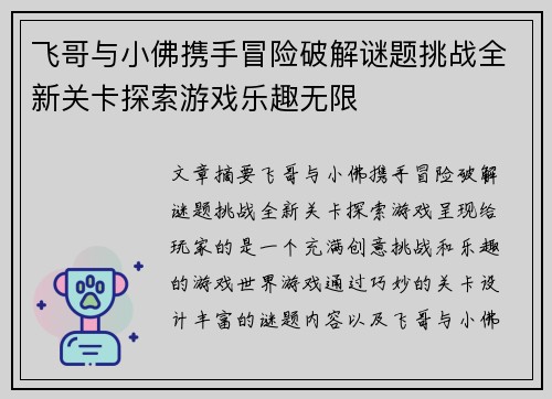 飞哥与小佛携手冒险破解谜题挑战全新关卡探索游戏乐趣无限